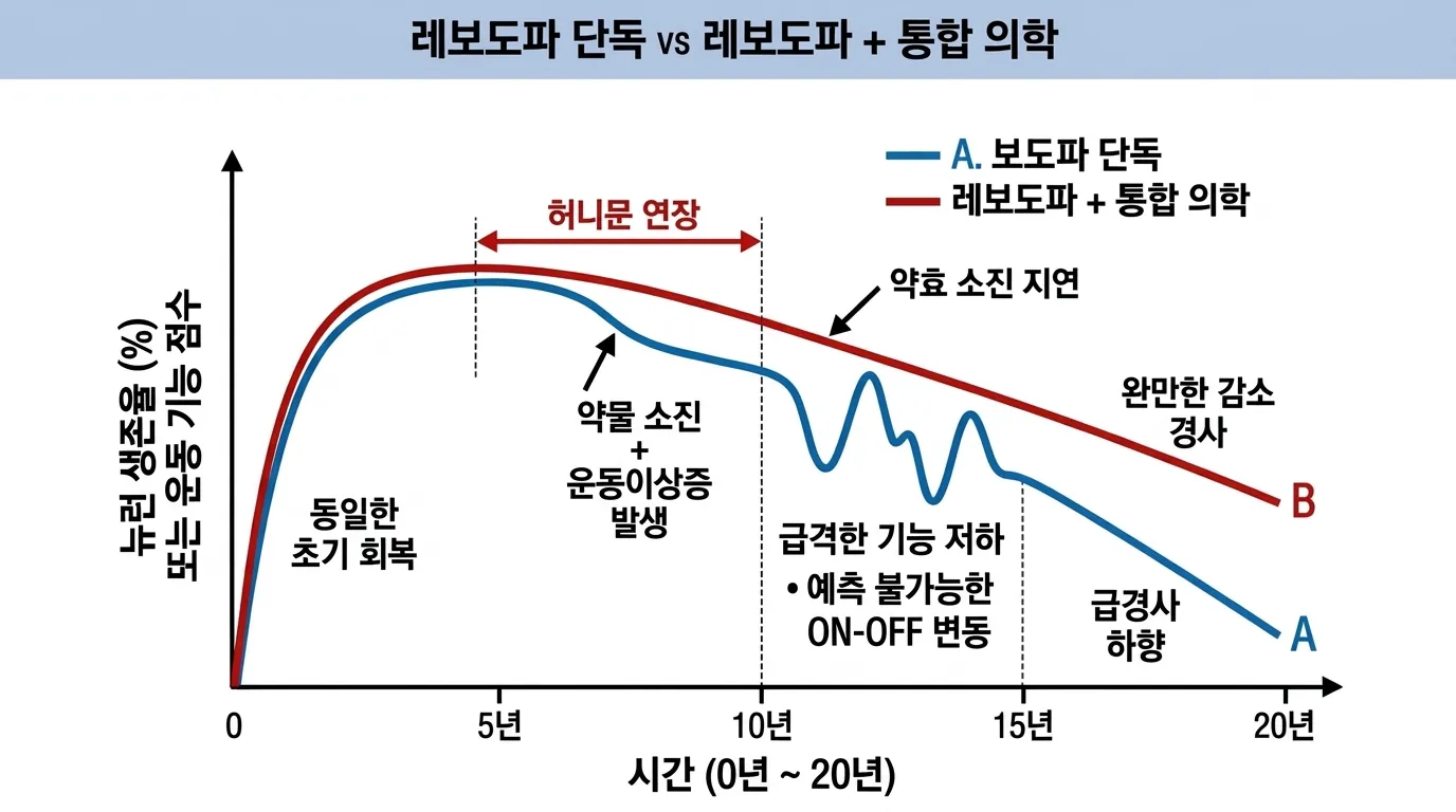 레보도파 단독 vs 레보도파 + 통합 의학 — 장기 경과 비교